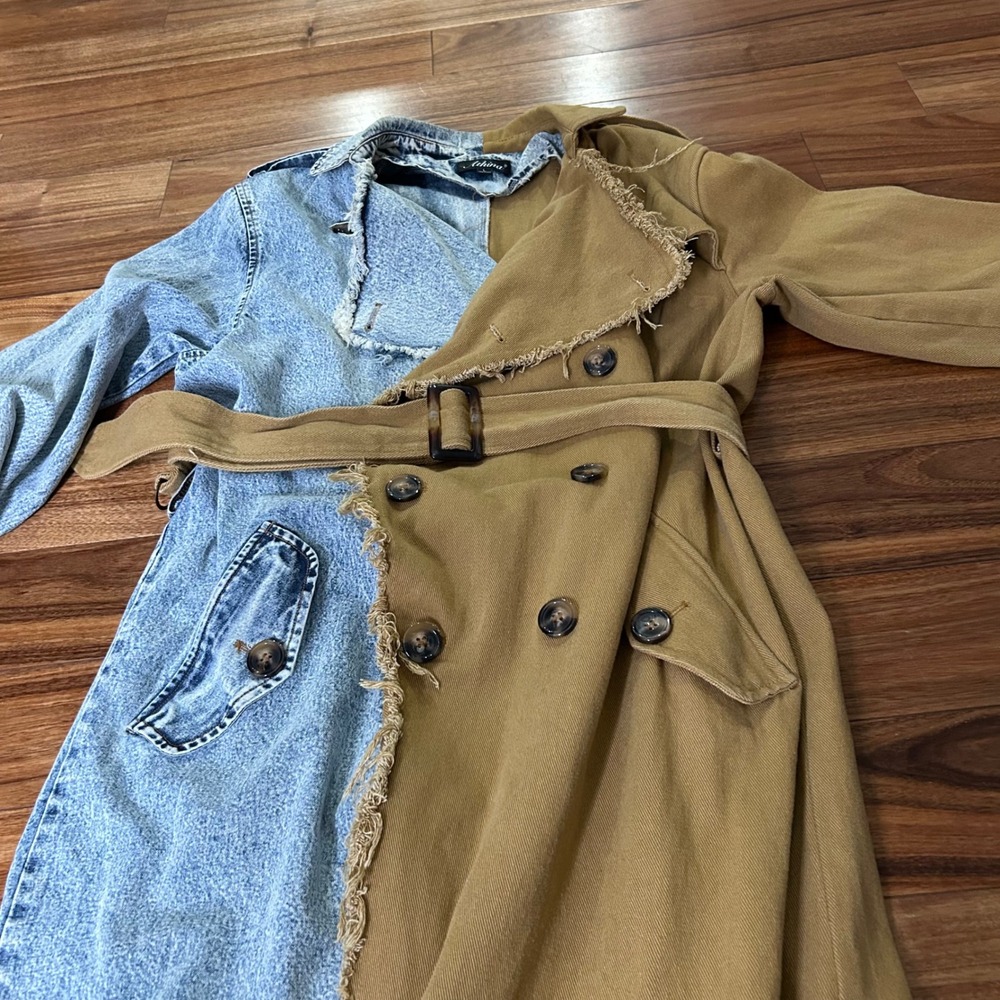 Athina Womens color block Trench Coat Denim and Tan Canvas Frayed Edges Belted - Picture 6 of 11